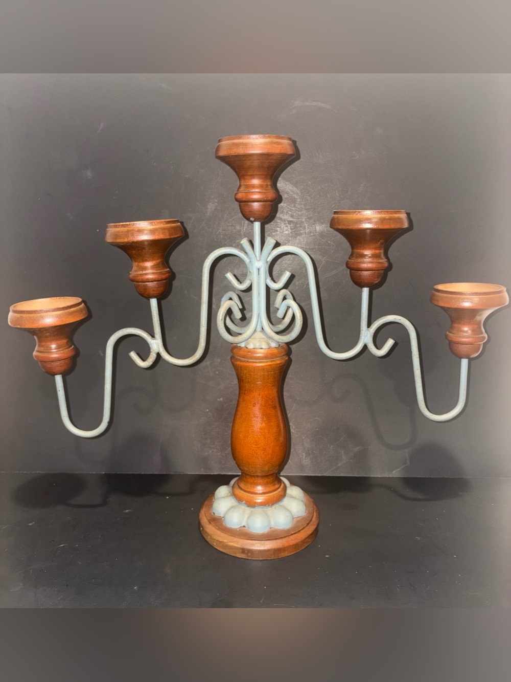 Homco Five-Arm Wooden and Metal Candelabra